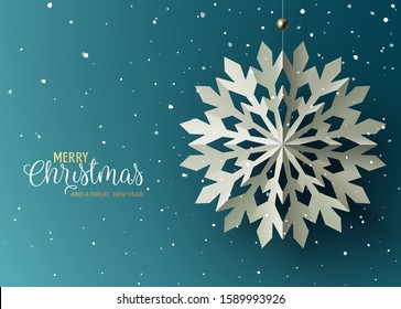 Winter and Holidays design with Paper craft hanging snowflakes against blue background. Vector Illustration