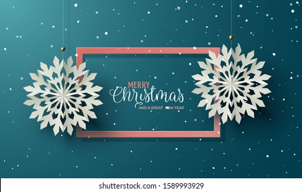 Winter and Holidays design with Paper craft hanging snowflakes against blue background. Vector Illustration