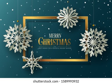 Winter and Holidays design with Paper craft hanging snowflakes against blue background. Vector Illustration