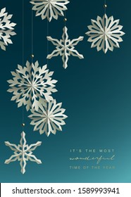 Winter and Holidays design with Paper craft hanging snowflakes against blue background. Vector Illustration