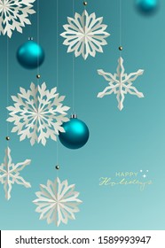 Winter and Holidays design with Paper craft hanging snowflakes against blue background. Vector Illustration