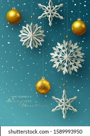 Winter and Holidays design with Paper craft hanging snowflakes against blue background. Vector Illustration
