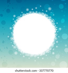 Winter holidays design. White snowflakes circle on turquoise background for cards, posters or banners. 