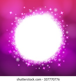 Winter holidays design. White snowflakes circle on blurred violet background with glow and shining stars for cards, posters or banners. 