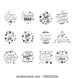 Winter holidays discount concepts big set with snowflakes, hearts, gifts  in monochrome color with elegant lettering on white. Christmas,  New Year and Valentines sales logos with gilded elements