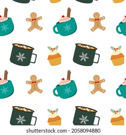 Winter holidays drink a coffee mug with cream, a cocoa mug with marshmallows, gingerbread man, cupcake. Vector seamless pattern. Isolated on white background.