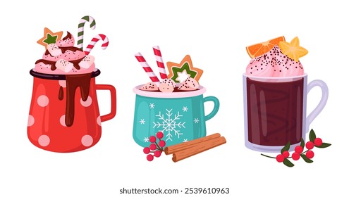 Winter holidays drinks. Christmas hot beverage cups, festive mugs with hot cocoa with marshmallow and cinnamon sticks decor flat vector illustration set. Xmas hot drink cups on white