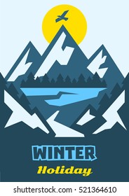 Winter holidays. Eagle flying over the mountains. Frozen River, ice. Road and horizon. Nice view of the nature. Pine forest. Resting place. Fresh air. Winter landscape. Vector illustration.