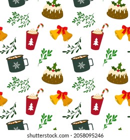 Winter holidays elements: coffee cup with cream and candy cane, cocoa mug with marshmallows, bells, cake. Vector seamless pattern. Isolated on white background.