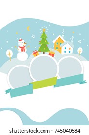 Winter Holidays Events Poster Template with Snowy Background, Snowman and Christmas Tree. Vector Illustration