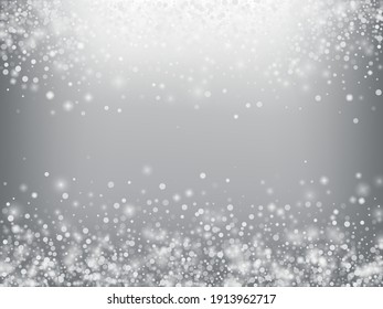 Winter Holidays Falling Snow Vector Background. Christmas, New Year Celebration Snowflakes Pattern. Realistic Flying Snow, Storm Sky Effect. Winter Ad Decoration. Winter Holidays Snow Confetti On Gray