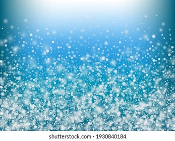 Winter Holidays Falling Snow Vector Background. Christmas, New Year Celebration Snowflakes Pattern. Realistic Flying Snow, Storm Sky Effect. Winter Ad Decoration. Winter Holidays Snow Confetti On Blue