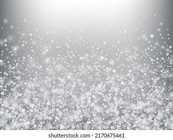 Winter Holidays Falling Snow Vector Background. Christmas, New Year Celebration Snowflakes Pattern. Realistic Flying Snow, Storm Sky Effect. Winter Ad Decoration. Winter Holidays Snow Confetti On Gray