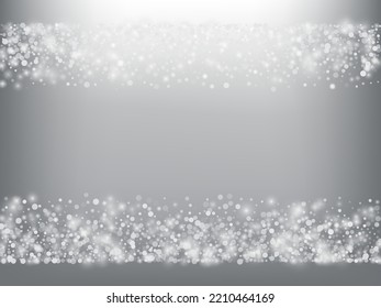 Winter Holidays Falling Snow Vector Background. Christmas, New Year Celebration Snowflakes Pattern. Realistic Flying Snow, Storm Sky Effect. Winter Ad Decoration. Winter Holidays Snow Confetti On Gray