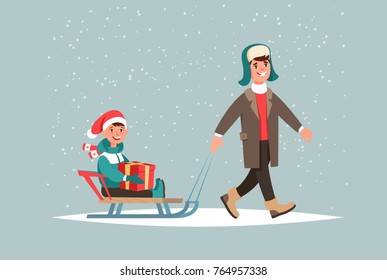 Winter holidays. Father and son sitting on sledge with a christmas gift box in hands walk outdoor