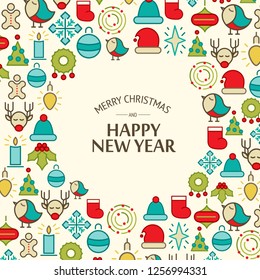 Winter holidays festive background with greeting text and colorful Christmas elements and symbols vector illustration