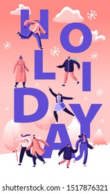 Winter Holidays Festive Season Concept. Happy People Skating on Ice Rink Engaged Winter Activities and Sports. Family Spare Time Poster, Banner, Flyer, Brochure. Cartoon Flat Vector Illustration