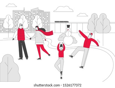 Winter Holidays Festive Season Family Spare Time. Happy People Wearing Warm Clothes Skating. Skaters on City Park Ice Rink Winter Activities and Sports. Cartoon Flat Vector Illustration, Line Art