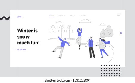 Winter Holidays Festive Season Family Spare Time Website Landing Page. Happy People Skating on City Park Ice Rink. Winter Activity and Sport Web Page Banner. Cartoon Flat Vector Illustration, Line Art