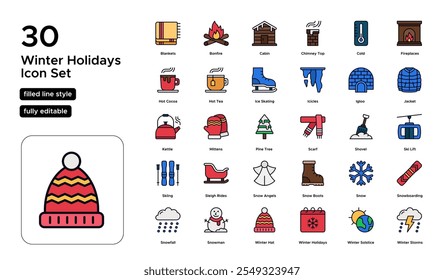 Winter Holidays Filled Line Icon Set: Snowflakes, Gift-Giving, Cozy Nights, and Seasonal Celebrations Icons