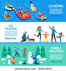 Winter holidays flat horizontal banners set of sledging ice skating and family vacation vector illustration  