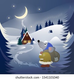 Winter holidays flat landscape scene in forest. Vector illustration of  scene with rat character, Christmas trees in winter moon night.