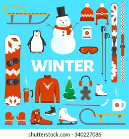 Winter holidays flat objects and equipment on a blue background. Vector web icons