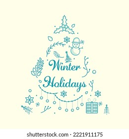 Winter Holidays Font With Doodle Xmas Tree Made By Festival Elements On White Background.