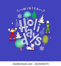 Viernes De Invierno Con Diversos Árboles, Gato Con Sombrero De Santa Y Niñas Jóvenes Con Balón De Nieve En Fondo Azul.