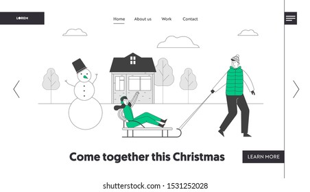Winter Holidays Fun and Outdoors Website Landing Page. Happy Couple Enjoying Sleds Riding in Park with Snow Hills. Man Pull Sled with Girl Web Page Banner. Cartoon Flat Vector Illustration, Line Art