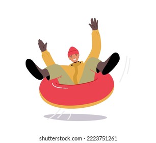 Winter Holidays Fun and Recreation Concept. Happy Teenager Character Sliding Down Slope on Snow Tubing. Young Man Riding Inflatable Sled, Active Outdoor Fun. Cartoon People Vector Illustration