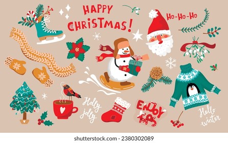 Winter Holidays funny collection with cartoon snowman snowboarding.Skates, scarf, mittens, sock, cup, bird, Santa, Christmas tree and hand lettering.Festive vector set for card,poster,flyer,stickers.