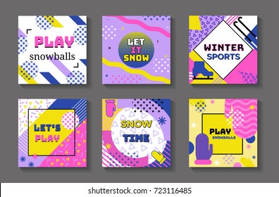 Winter holidays geometric banners set in trendy 90s style with snowballs, lines, frames, sports background or invitation template, cover, card, vector illustration