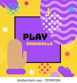 Winter holidays geometric banners set in trendy 90s style with snowballs, lines, frames, sports background or invitation template, cover, card, vector illustration