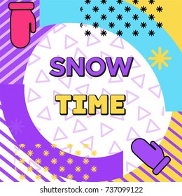 Winter holidays geometric banners set in trendy 90s style with snowballs, lines, frames, sports background or invitation template, cover, card, vector illustration