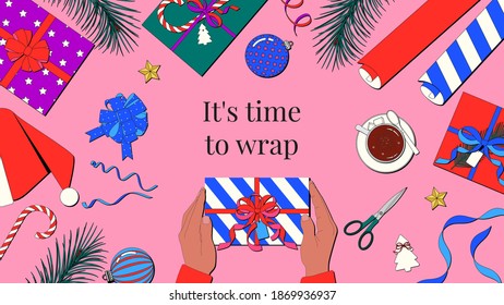 Winter holidays gift wrapping in the concept of Christmas and New Year celebration. It’s time to wrap flat lay vector illustration in outline style.