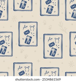 Regalos de vacaciones de invierno sin patrón. Marco cuadrado con fondo festivo presenta un fondo interminable. repetir portada. Motivo de diseño de Navidades de patrón de superficie. Vector dibujado a mano ilustración plana.