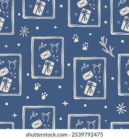 Winterurlaub Geschenke nahtlose Muster. Flache Vektorgrafik, handgezeichnet.