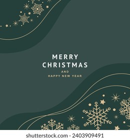 Winter holidays green abstract background with golden snowflakes. Vector template for social media post, invitation, greeting card, branding design, banner, poster, advertising