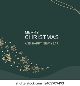 Winter holidays green abstract background with golden snowflakes. Vector template for social media post, invitation, greeting card, branding design, banner, poster, advertising