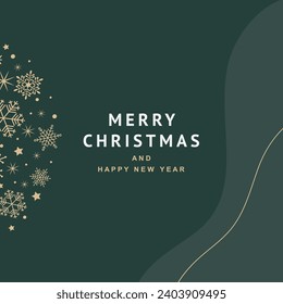 Winter holidays green abstract background with golden snowflakes. Vector template for social media post, invitation, greeting card, branding design, banner, poster, advertising