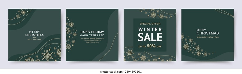 Winter holidays green abstract backgrounds with golden snowflakes. Winter sale. Vector templates for social media post, invitation, greeting card, branding design, banner, poster, advertising