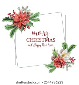 Winter holidays greeting card with Christmas flowers and fir tree branches, wishing a Merry Christmas, perfect for festive seasonal designs.