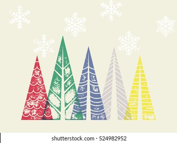 Winter holidays greeting card with Christmas trees forest in geometric shape. Snow snowflakes background for New Year decoration ornaments. Vector trendy art poster