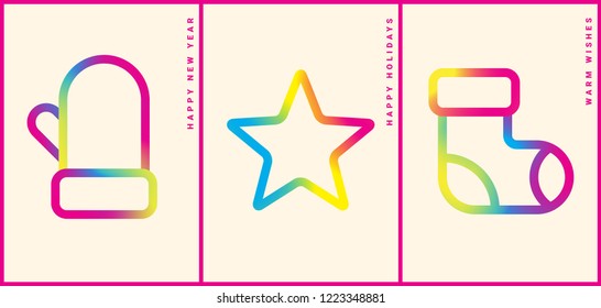 Winter holidays greeting card with colorful gradient pictograms. Happy new year. Modern design template for postcards, invitations, posters, banners. Vector illustration. EPS 10