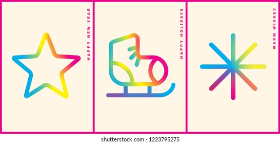 Winter holidays greeting card with colorful gradient pictograms. Happy new year. Modern design template for postcards, invitations, posters, banners. Vector illustration. EPS 10