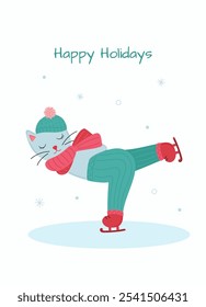 Winter holidays greeting card with cute cat on skates. Vector hand drawn illustration for New Year or Christmas card or poster template.