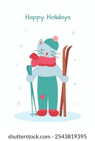 Winter holidays greeting card with cute cat on skis. Vector hand drawn illustration for New Year or Christmas card or poster template.