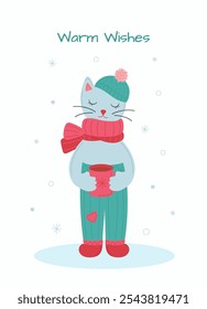 Winter holidays greeting card with cute cat with a mug of cocoa. Vector hand drawn illustration for New Year or Christmas card or poster template.
