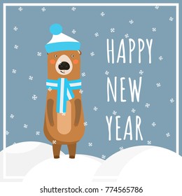 Winter holidays greeting card with cute european brown bear. Happy New Year or Merry Christmas square banner with cartoon bear character, kids celebrating background